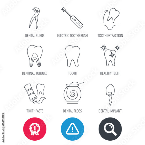 Achievement and search magnifier signs. Tooth extraction, electric toothbrush icons. Dental implant, floss and dentinal tubules linear signs. Toothpaste icon. Hazard attention icon. Vector
