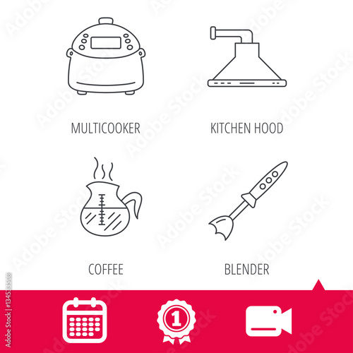 Achievement and video cam signs. Coffee, kitchen hood and blender icons. Multicooker linear sign. Calendar icon. Vector