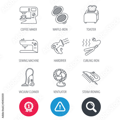 Achievement and search magnifier signs. Coffee maker, sewing machine and toaster icons. Ventilator, vacuum cleaner linear signs. Hair dryer, steam ironing and waffle-iron icons. Hazard attention icon