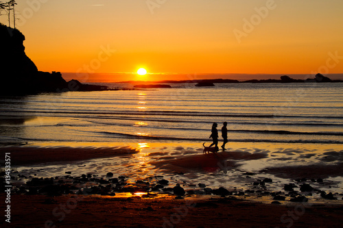 Couple with a dog at sunset in Sunset State Park, Oregon