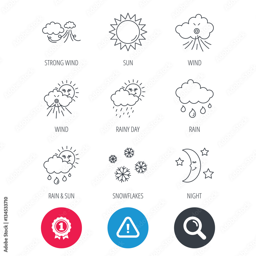 Achievement and search magnifier signs. Weather, sun and rain icons. Moon night, clouds linear signs. Strong wind, snowflakes and water drops flat line icons. Hazard attention icon. Vector
