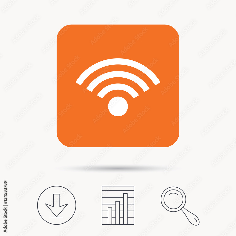 Wifi icon. Wireless internet sign. Communication technology symbol. Report chart, download and magnifier search signs. Orange square button with web icon. Vector Wifi icon. Wireless internet sign. Communication technology symbol. Report chart, download and magnifier search signs. Orange square button with web icon. Vector