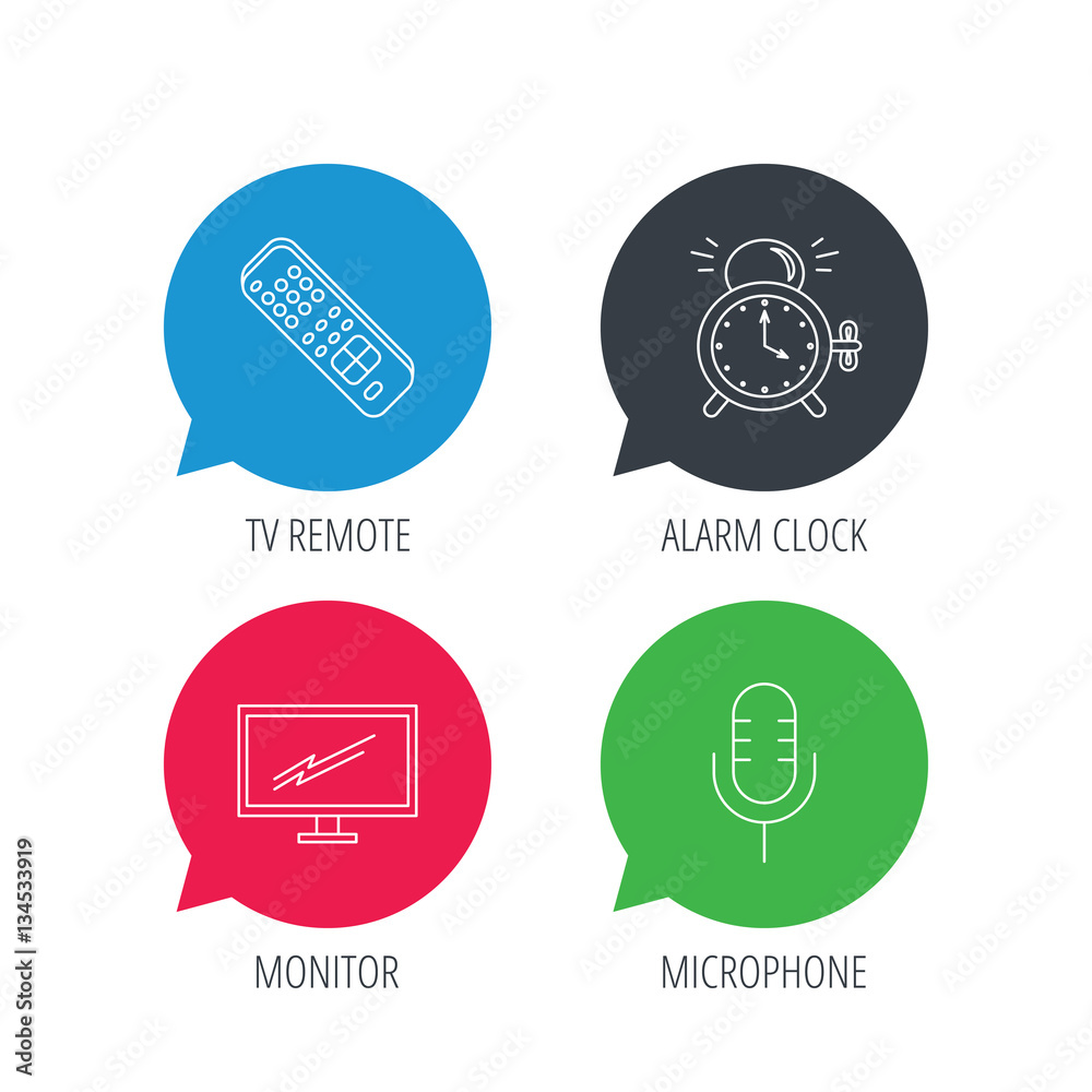 Colored speech bubbles. Microphone, alarm clock and TV remote icons. Widescreen TV linear sign. Flat web buttons with linear icons. Vector