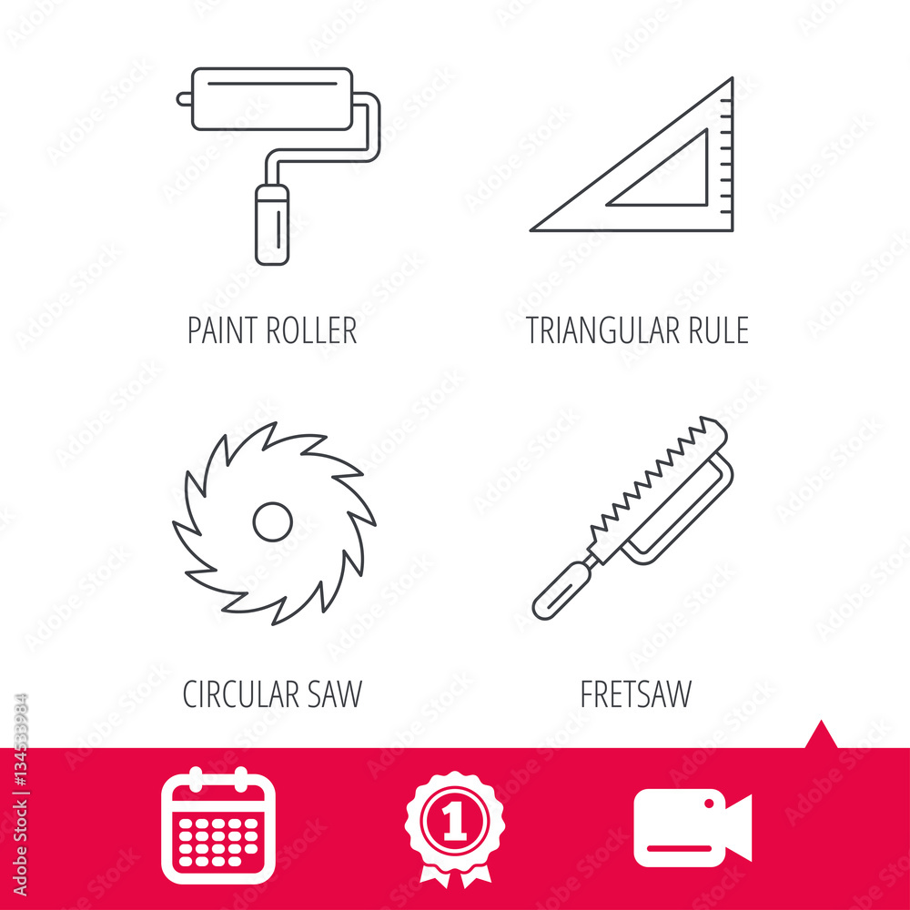 Achievement and video cam signs. Triangular rule, paint roller and fretsaw icons. Circular saw linear sign. Calendar icon. Vector Achievement and video cam signs. Triangular rule, paint roller and fretsaw icons. Circular saw linear sign. Calendar icon. Vector