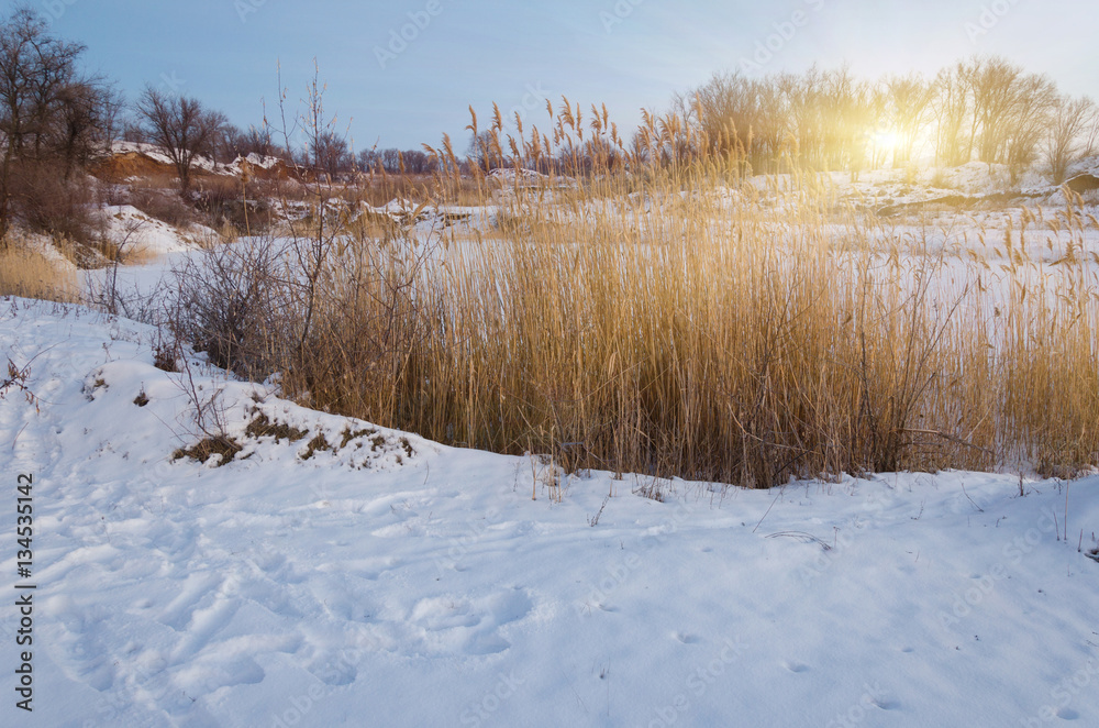 Beautiful winter landscape with snow covered trees and lake. Beautiful winter landscape with snow covered trees and lake.