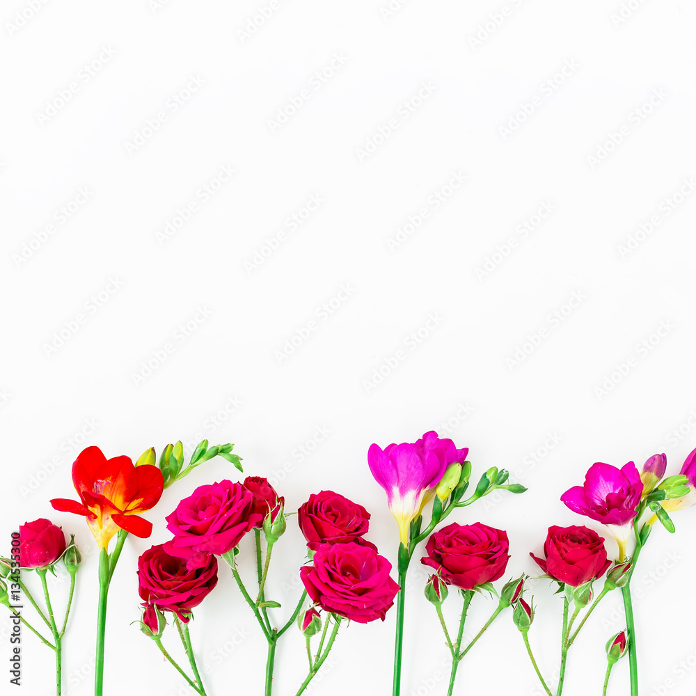 Pattern with beautiful flowers isolated on white background. Flat lay, Top view.