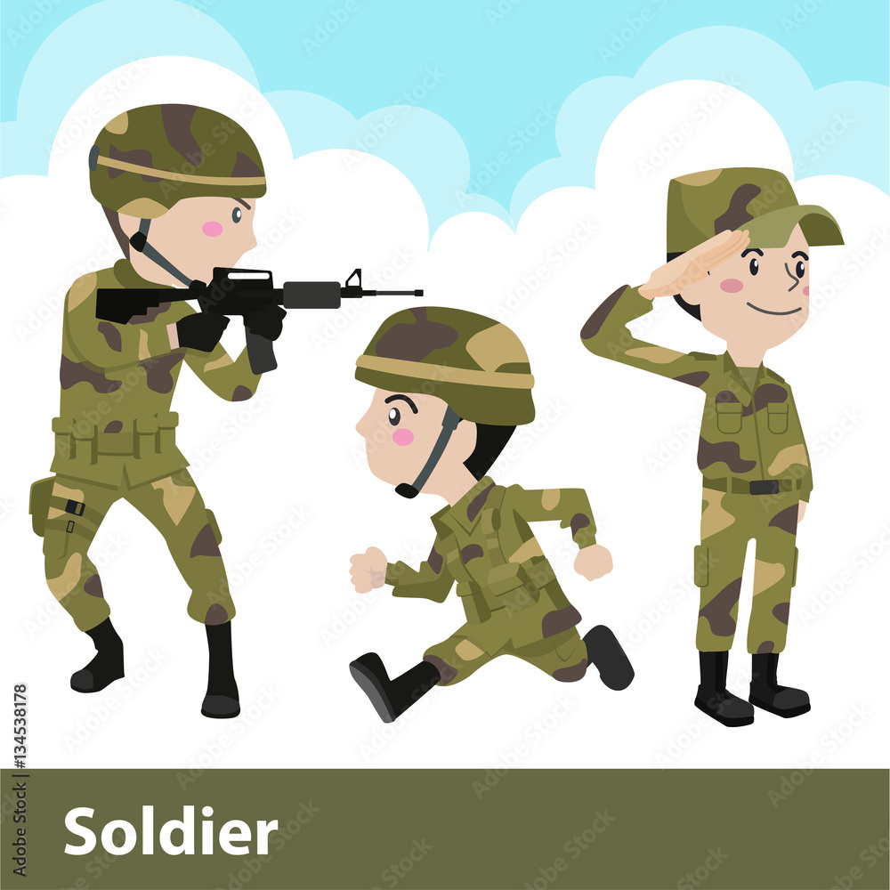 Fototapeta premium Military soldier weapon cartoon Flat Vector Illustration