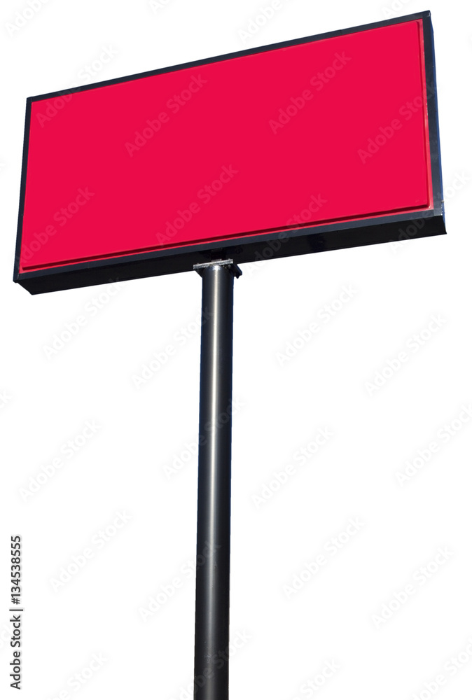 Obraz premium Empty red billboard sign on black metal pole. Copy space. Isolated. Vertical.