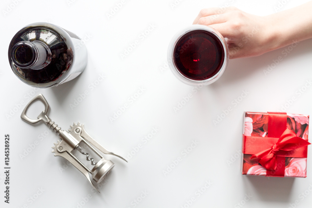 concept Valentine Day with wine at white background top view concept Valentine Day with wine at white background top view