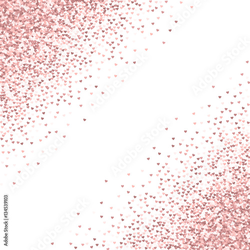 Pink golden glitter made of hearts. Scatter abstract corners on white valentine background. Vector illustration.