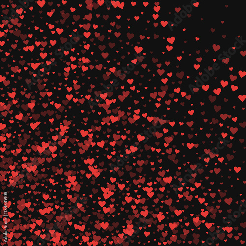 Red hearts confetti. Abstract mess on black valentine background. Vector illustration.