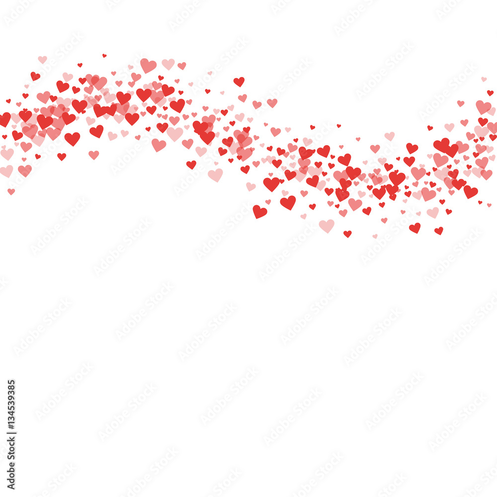 Red hearts confetti. Top wave on white valentine background. Vector illustration.