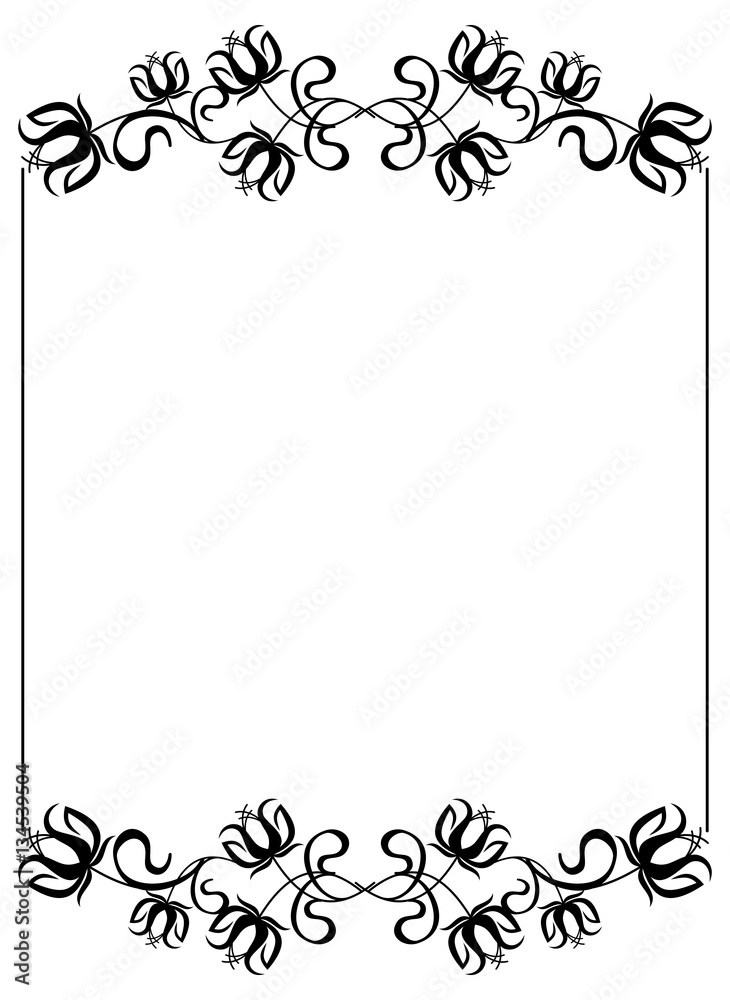 Black and white frame with flowers silhouettes. 