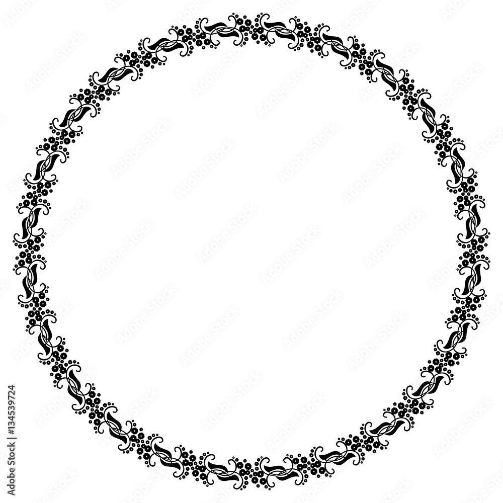 Round black and white frame with abstract decorative flowers. Copy space. Round black and white frame with abstract decorative flowers. Copy space.