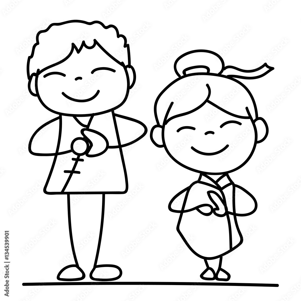 Set of hand drawing cartoon character people Happy Chinese New Y Set of hand drawing cartoon character people Happy Chinese New Y