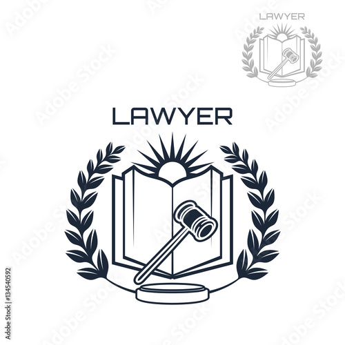 Lawyer vector emblem of wreath, book and gavel