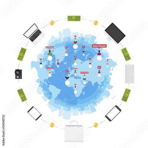 Online Shop. Concept on the sale of digital technology. World map and silhouette of the city in the white background. Flat vector illustration EPS 10