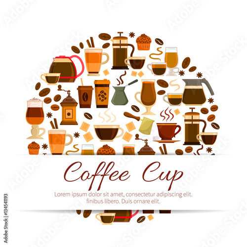 Coffee poster of espresso, latte hot drinks cups