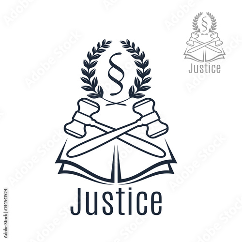 Justice legal vector emblem of gavel, wreath, book