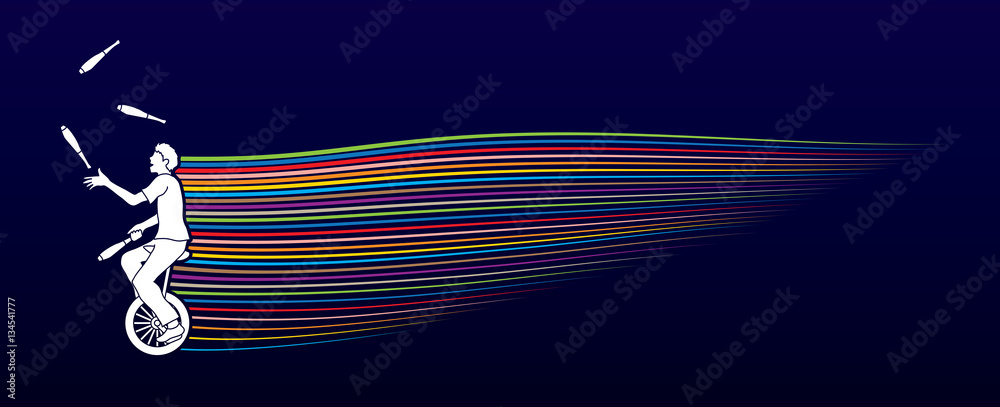 A man juggling pins while cycling with line movement graphic vector.