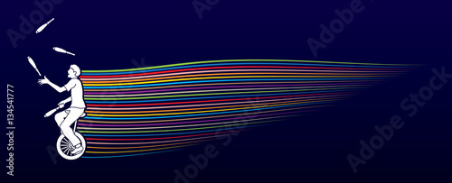 A man juggling pins while cycling with line movement graphic vector.