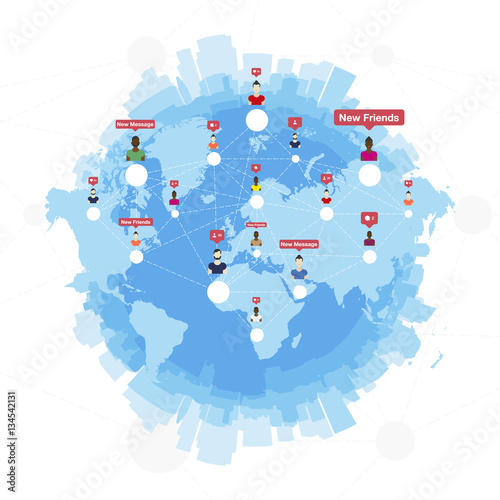 Global social network and teamwork. Concept on a background map of the world and the city skyline. Flat vector illustration EPS 10