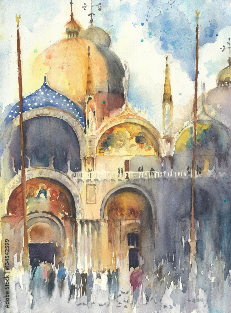 Fototapeta Venice watercolor painting San-Marco church temple greeting card