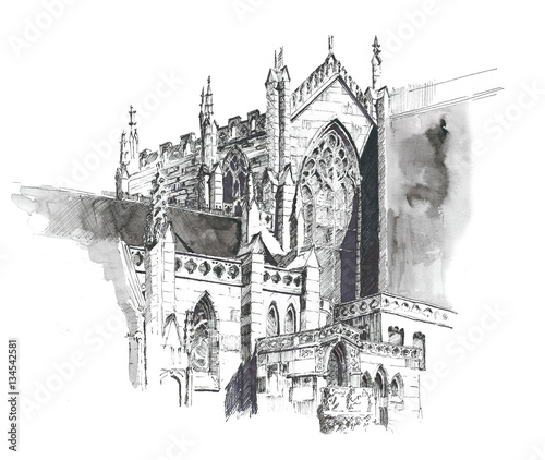 Church ink drawing handmade isolated on white background