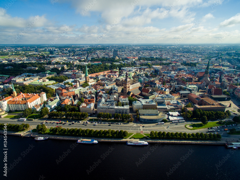 aerial view of Riga old town, city market and river Daugava