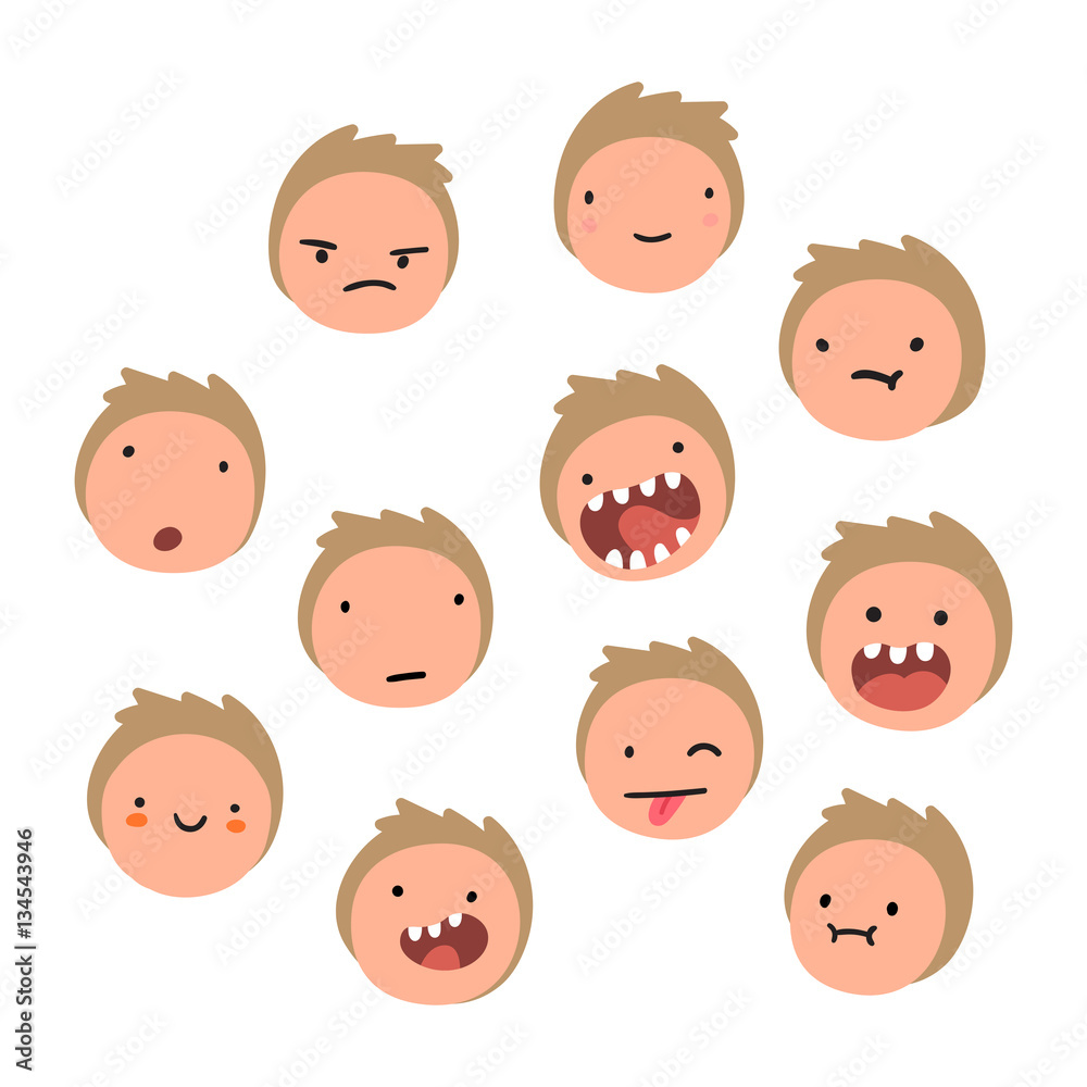 Boy emotions. Cartoon faces. Vector hand drawn illustration. Boy emotions. Cartoon faces. Vector hand drawn illustration.