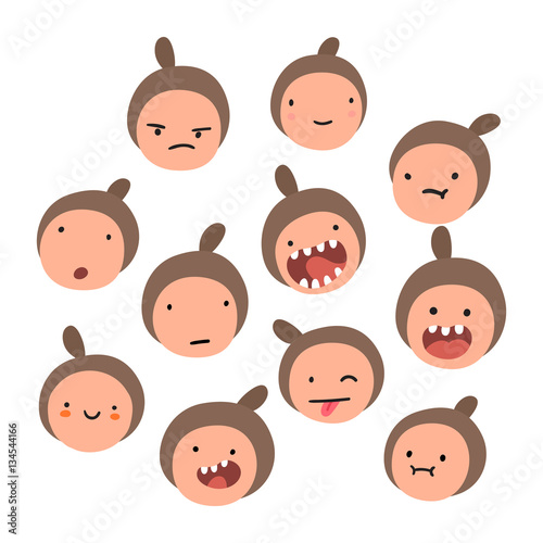Girl emotions. Cartoon faces. Vector hand drawn illustration.