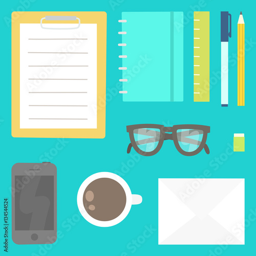 View from the top. Stationery, phone, cup, glasses. Vector hand drawn illustration