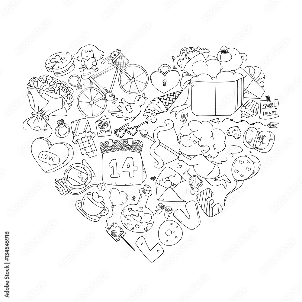 Valentine icon set, freehand drawing illustration