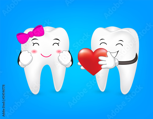 Tooth character holding red heart. Couple in love,  Valentine's day concept. Illustration on blue background.