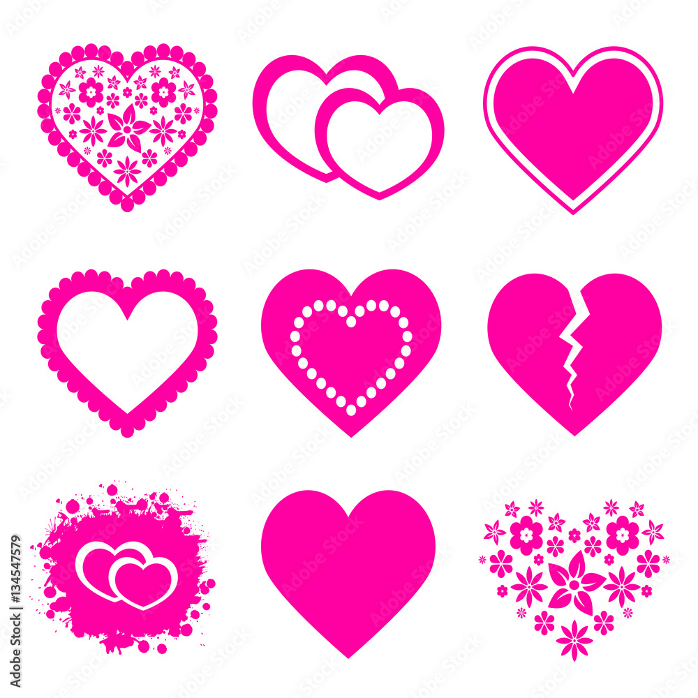 Pink hearts set illustrations