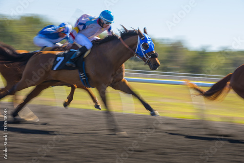 Fototapeta Naklejka Na Ścianę i Meble -  Horse Race colorful bright sunlit slow shutter speed motion effect fast moving thoroughbreds
