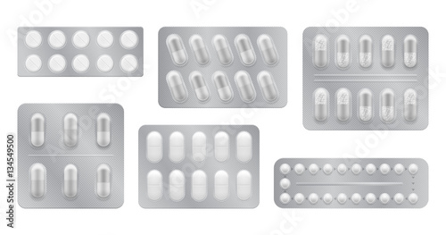 3d packaging for drugs: painkillers, antibiotics, vitamins and aspirin tablets. Set of white blisters realistic icons with pills and capsules. Vector illustrations of pack isolated on background