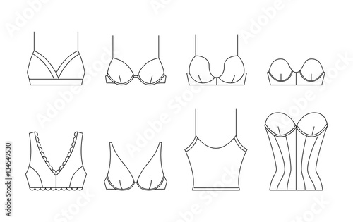 Fashion female underwear icons. Beautiful feminine lacy bra. Sexy lingerie with lace for lady, different types of brassiere. Vector illustrations in thin line style.