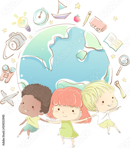 Illustration of a Diverse Group of Preschool Kids Surrounded by Travel Related Elements