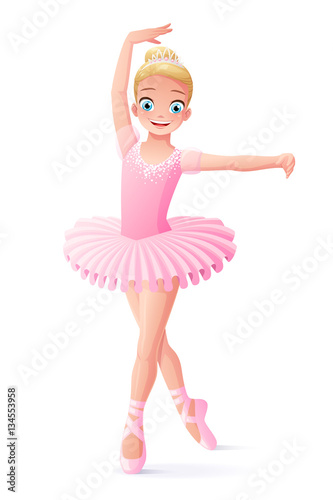 Vector cute smiling young dancing ballerina girl in pink tutu.