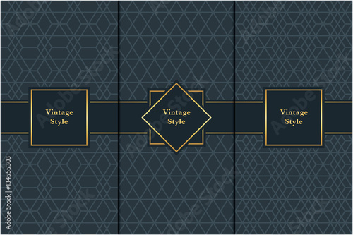 Vintage pattern on black background. Seamless pattern with golden frame for design in retro style. Universal pattern for wallpapers, textiles, fabrics, wrapping papers, packaging boxes etc