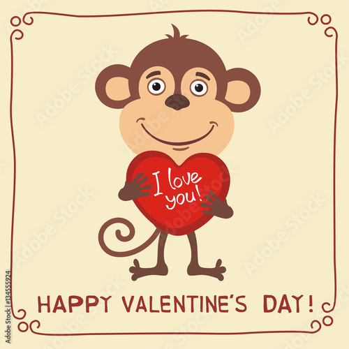 Happy Valentine's Day! I Love You! Funny monkey with heart in hands. Valentines  day card with monkey in cartoon style. Stock Vector | Adobe Stock