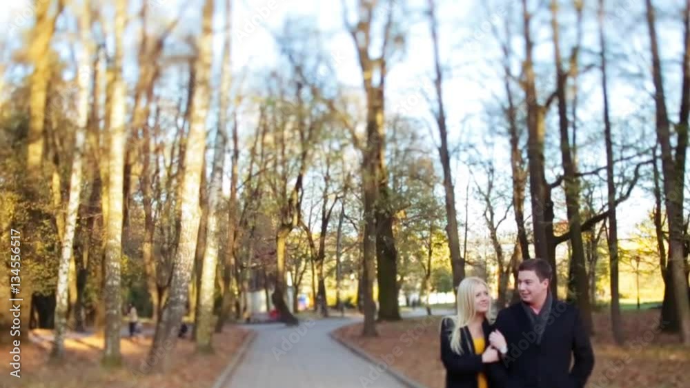 Baby lens view of beautiful couple walking in the autumn city-park arm by arm, laughing and kissing each other. Urban love. True love. High autumn trees on the background, no people around. Baby lens view of beautiful couple walking in the autumn city-park arm by arm, laughing and kissing each other. Urban love. True love. High autumn trees on the background, no people around.