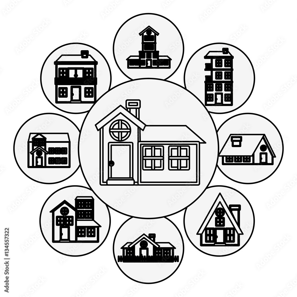 silhouette pattern with houses logo design in bubbles vector illustration