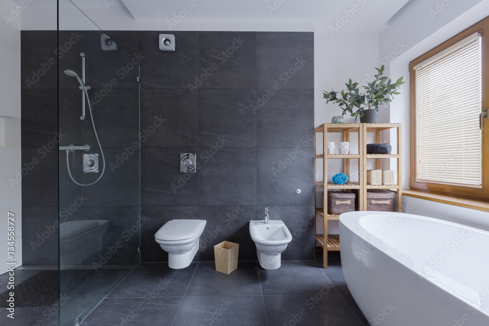 Glass shower in travertine bathroom Glass shower in travertine bathroom
