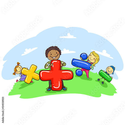 Vector Illustration of Stick Kids Holding Mathematical Symbol