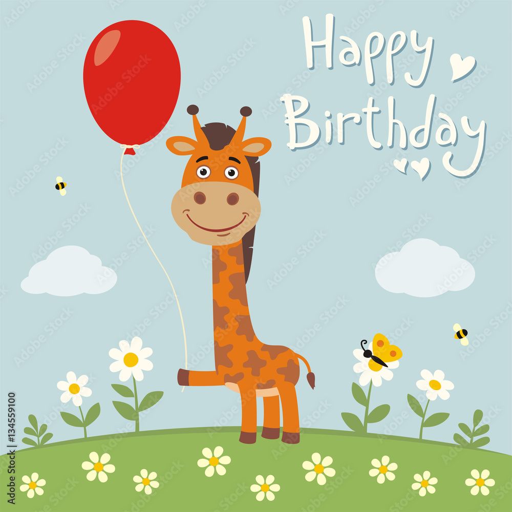 Happy birthday! Funny giraffe with red balloon on flower meadow