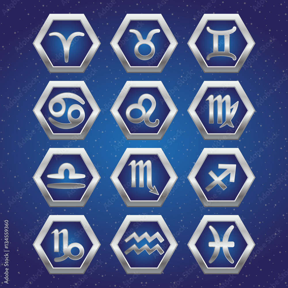 Set of cosmic icons with signs of Zodiac on deep blue starry sky. Symbols of zodiac horoscope. Vector illustration Set of cosmic icons with signs of Zodiac on deep blue starry sky. Symbols of zodiac horoscope. Vector illustration