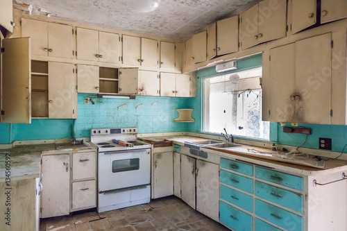 abandoned blue and white kitchen dirty creepy and scary