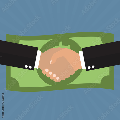 Business partnership meeting and successful businessmen handshaking after good deal with dollar banknote on sunray background.Business success concept.